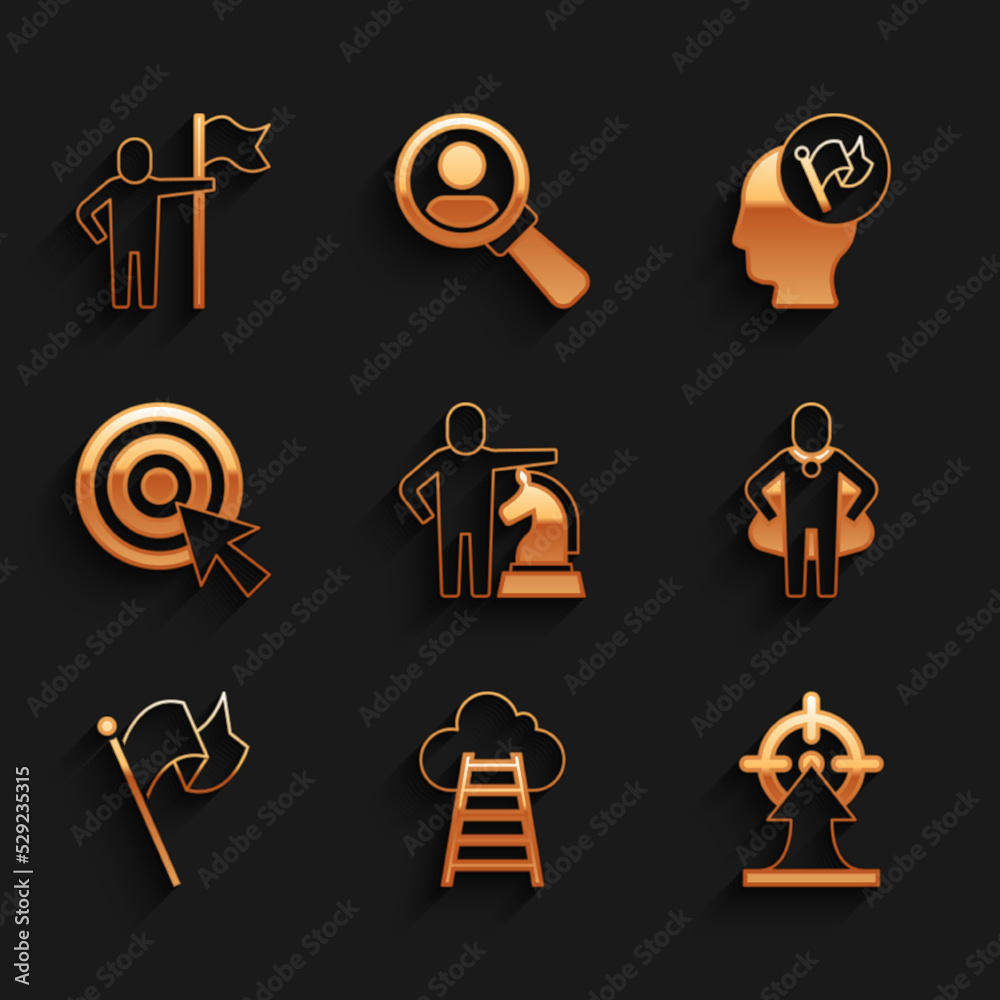 Set Chess, Stair with finish flag, Target, Head hunting, Flag, arrow, Hand holding and Man icon. Vector Set Chess, Stair with finish flag, Target, Head hunting, Flag, arrow, Hand holding and Man icon. Vector