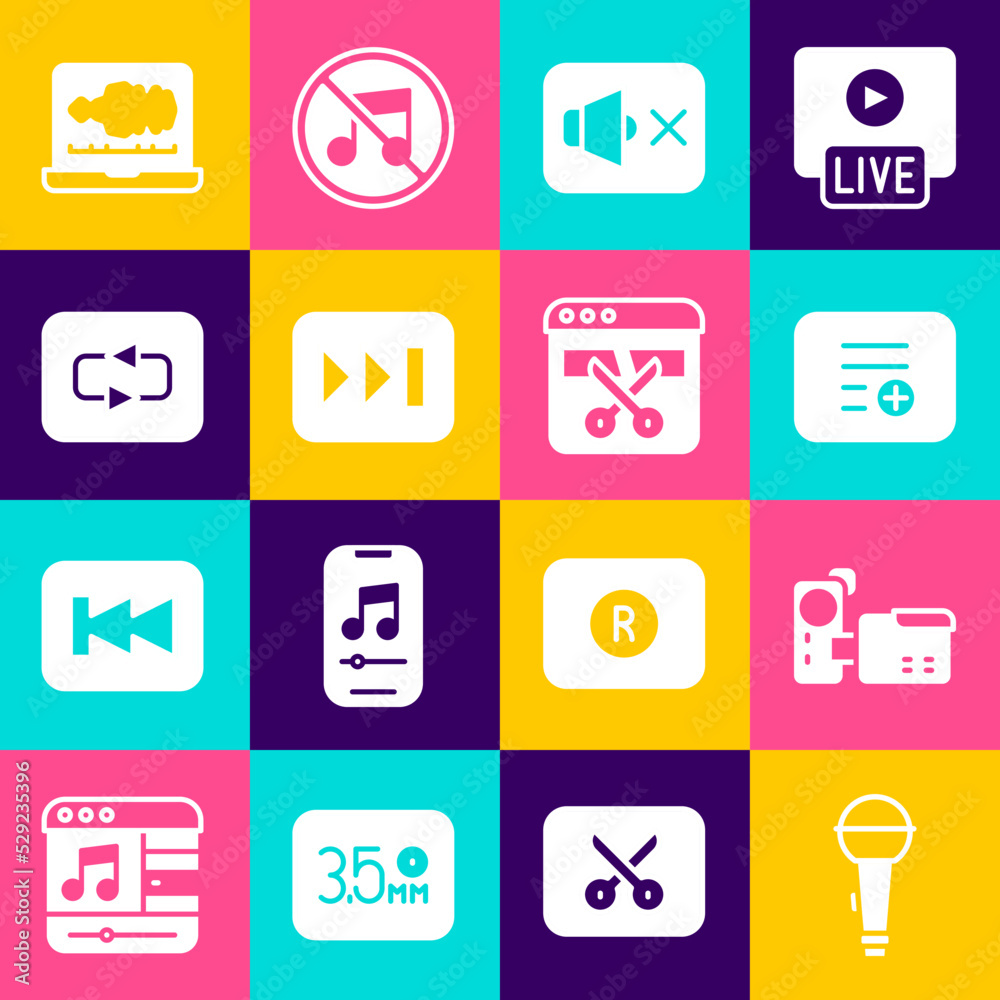Set Microphone, Cinema camera, Add to playlist, Speaker mute, Fast forward, Repeat button, Sound audio recorder and Video editor icon. Vector Set Microphone, Cinema camera, Add to playlist, Speaker mute, Fast forward, Repeat button, Sound audio recorder and Video editor icon. Vector