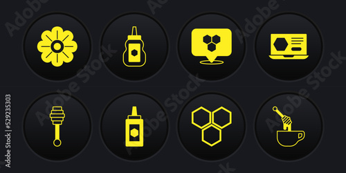 Set Honey dipper stick, online service, Jar of honey, Honeycomb, bee location, with and Flower icon. Vector