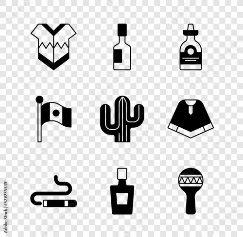 Set Poncho, Tabasco sauce, Tequila bottle, Cigar, Maracas, Mexico flag and Cactus icon. Vector