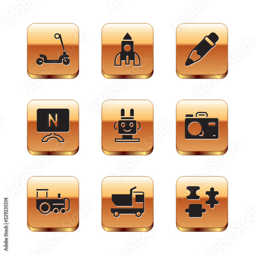 Set Roller scooter, Toy train, truck, Robot toy, Smart Tv, Pencil with eraser, Puzzle pieces and Rocket ship icon. Vector