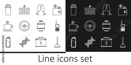 Set line Rubber plunger, Walkie talkie, Glasses of champagne, Steering wheel, Coffee cup, Fitness shaker, Propane gas tank and Heating radiator icon. Vector