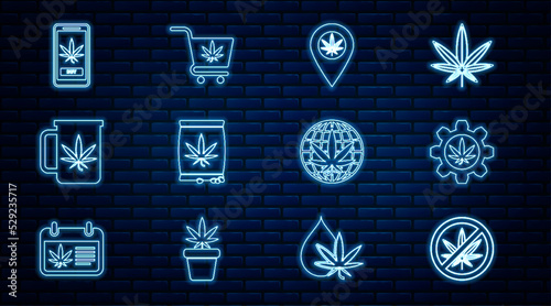 Set line Stop marijuana, Test tube with, Location and, Marijuana or cannabis seeds, Cup tea, Online buying, Legalize and Shopping cart icon. Vector