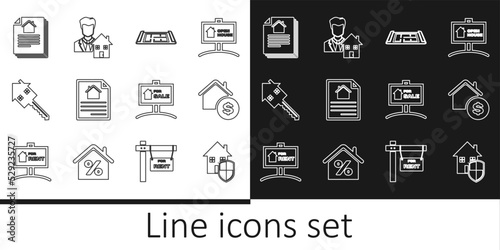 Set line House under protection, with dollar, plan, contract, key, Hanging sign For Sale and Realtor icon. Vector