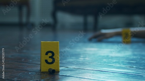 Closeup of a Crime Scene in a Deceased Person's Home. Dead man, Police Line, Clues and Evidence. Serial Killer and Detective Investigation concept.
