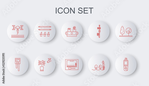 Set line Portable sensor, Temperature and humidity, Conveyor belt with box, Standalone plant, Smart farm drone, bulb, farming technology and Incubator for eggs icon. Vector