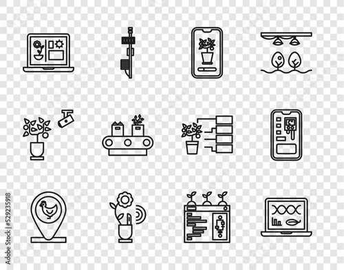 Set line Chicken farm and location, Genetic engineering modification, Smart control farming system, technology, Conveyor belt with box, and icon. Vector