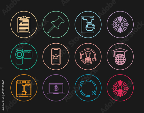 Set line Head hunting, Graduation cap on globe, Coffee machine with pot, mobile, Cinema camera, Clipboard dental card, Human resources and Push pin icon. Vector