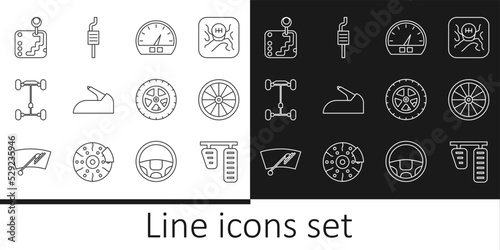Set line Car gas and brake pedals, wheel, Speedometer, handbrake, Chassis car, Gear shifter, and muffler icon. Vector