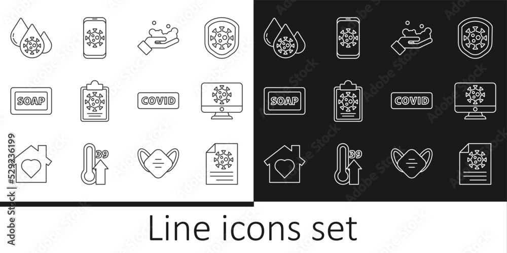 Set line Clipboard with blood test results, Virus statistics on monitor, Washing hands soap, Bar of, Blood virus, Corona covid-19 and mobile icon. Vector