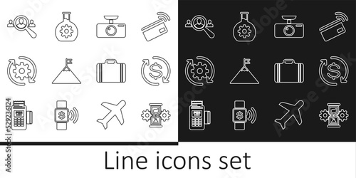 Set line Hourglass and gear, Return of investment, Car DVR, Mountains flag, Gear arrows workflow, Magnifying for search people, Suitcase travel and Bioengineering icon. Vector