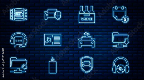 Set line Headphones and CD or DVD, FTP folder download, Bottles of wine in box, Music book with note, speech bubble, Wooden barrel for, Police car flasher and Car protection insurance icon. Vector