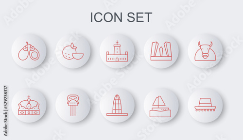 Set line Spanish hat, Crown of spain, Montjuic castle, Yacht sailboat, Castanets, Orange fruit, Peineta and Agbar tower icon. Vector