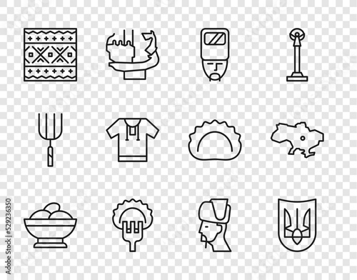Set line Varenyky in a bowl, Ukrainian trident, cossack, Dumplings on fork, ethnic pattern, Embroidered shirt, and Map of Ukraine icon. Vector