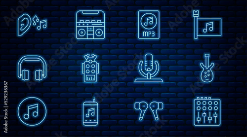 Set line Sound mixer controller, Electric bass guitar, MP3 file document, Microphone, Headphones, Ear listen sound signal, and Home stereo with speakers icon. Vector