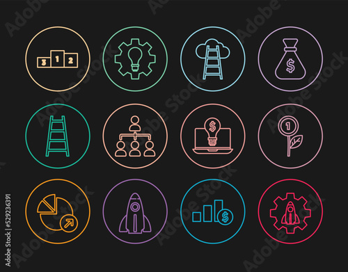 Set line Startup project concept, Dollar plant, Stair with finish flag, Hierarchy organogram chart, Business podium, Light bulb dollar laptop and and gear icon. Vector
