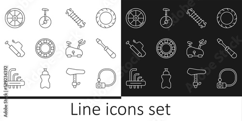 Set line Bicycle lock, Screwdriver, suspension, ball bearing, air pump, wheel, Stationary bicycle and Unicycle or one icon. Vector