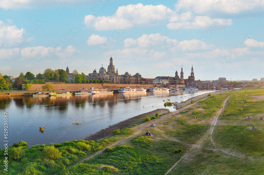 panoramic view of the Dresden cityscape with cathedral, castle and Elbe river. Saxony, Germany