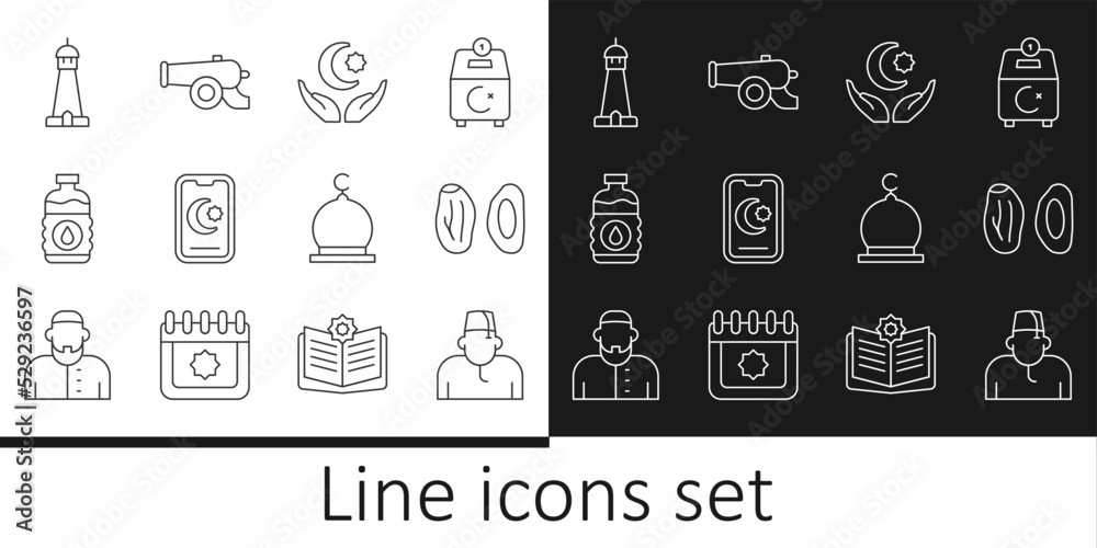 Set line Muslim man, Date fruit, Star and crescent, Bottle of water, Mosque tower or minaret, and Ramadan cannon icon. Vector