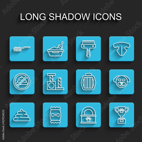 Set line Shit, Bag of food for pet, Hair brush dog and cat, Canned, Pet award, Cat scratching post, Dog and carry case icon. Vector