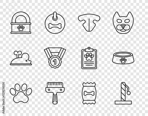 Set line Paw print, Cat scratching post, nose, Hair brush for dog and cat, Canned food, Dog award symbol, Bag of pet and Pet bowl icon. Vector