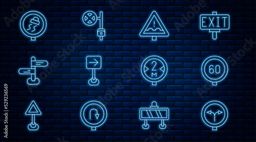 Set line Fork in the road, Speed limit traffic, Uneven ahead sign, Traffic turn right, Road, Slippery, and Stop with camera icon. Vector