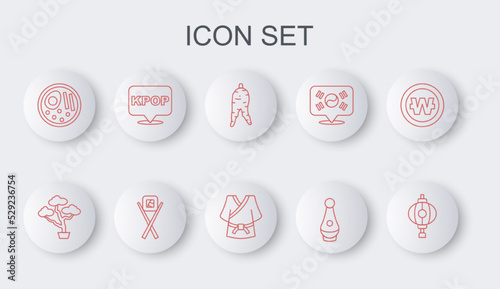 Set line Korean lantern, Bonsai tree, Ginseng root, Soju bottle, Ramen, K-pop, Sushi with chopsticks and Kimono icon. Vector