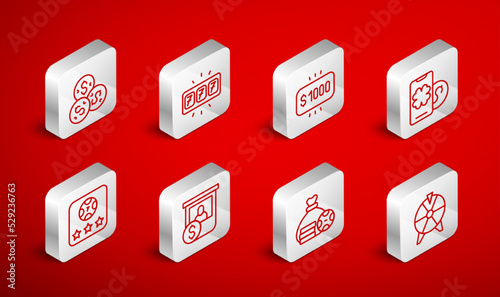 Set line Lucky wheel, Slot machine with jackpot, Money prize casino, Online poker table game, bag, Casino chip dollar, chips exchange and icon. Vector