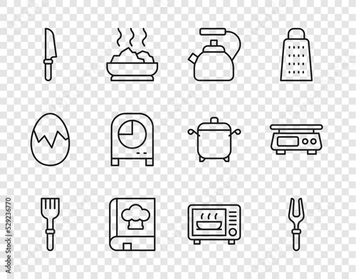 Set line Fork, Barbecue fork, Kettle with handle, Cookbook, Knife, Kitchen timer, Microwave oven and Electronic scales icon. Vector