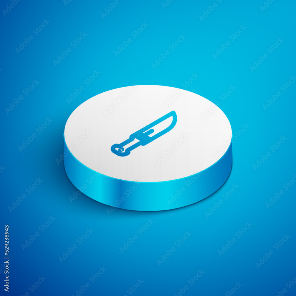 Isometric line Hunter knife icon isolated on blue background. Army knife. White circle button. Vector Isometric line Hunter knife icon isolated on blue background. Army knife. White circle button. Vector