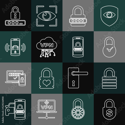 Set line Money lock, Lock, Padlock with clock, Password protection, Cloud VPN interface, Smart car alarm system, and Mobile and password icon. Vector