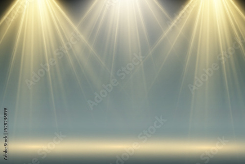  Empty stage with spotlights. Lighting devices on a transparent background. 