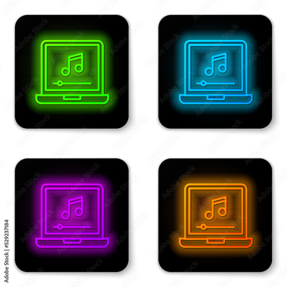 Glowing neon line Laptop with music note symbol on screen icon isolated on white background. Black square button. Vector