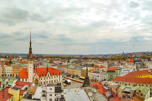 20.04. 2022. Aerial panoramic view of the upper square and the town hall. Olomouc, Czech Republic.