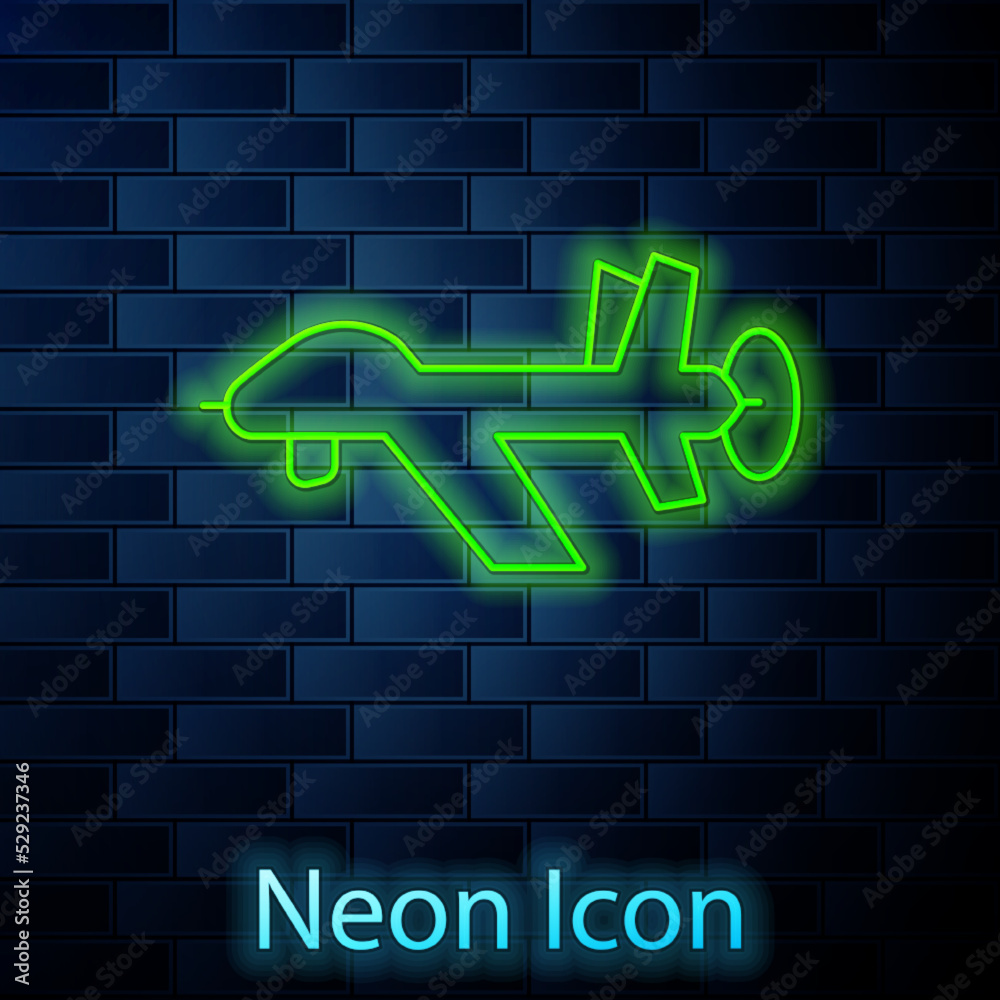 Glowing neon line UAV Drone icon isolated on brick wall background. Military Unmanned aircraft spy. Vector Glowing neon line UAV Drone icon isolated on brick wall background. Military Unmanned aircraft spy. Vector