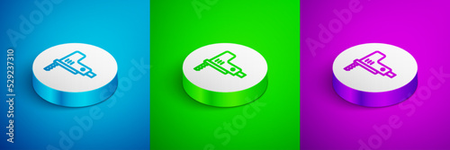 Isometric line Electric jigsaw with steel sharp blade icon isolated on blue, green and purple background. Power tool for woodwork. White circle button. Vector