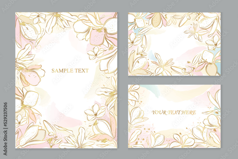 Set of vector postcards with golden magnolias on a watercolor background.