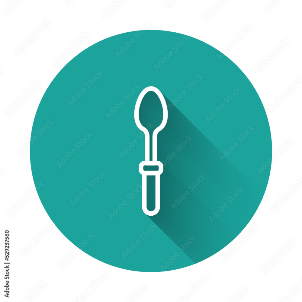 White line Teaspoon icon isolated with long shadow background. Cooking utensil. Cutlery sign. Green circle button. Vector White line Teaspoon icon isolated with long shadow background. Cooking utensil. Cutlery sign. Green circle button. Vector