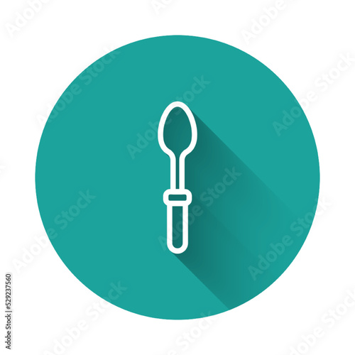 White line Teaspoon icon isolated with long shadow background. Cooking utensil. Cutlery sign. Green circle button. Vector