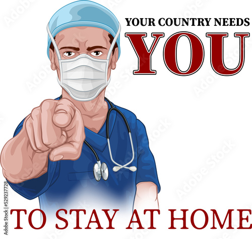 Fototapeta A nurse or doctor in surgical or hospital scrubs and mask pointing in a your country needs or wants you gesture