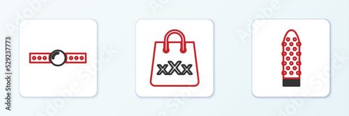 Set line Dildo vibrator, Silicone ball gag and Shopping bag with triple X icon. Vector photo