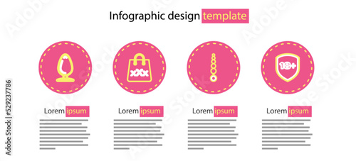 Set line Anal beads, Shield with 18 plus, Shopping bag triple X and plug icon. Vector