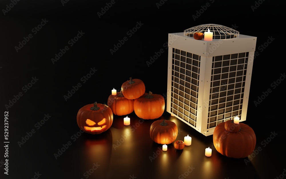 large halloween air conditioner outdoor unit and bat 3d