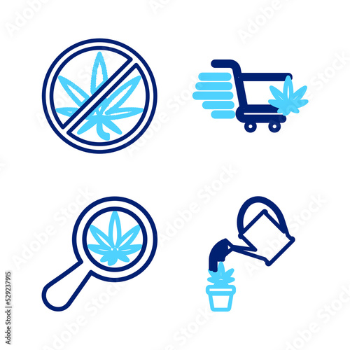 Set line Watering can marijuana, Magnifying glass and, Shopping cart with and Stop icon. Vector