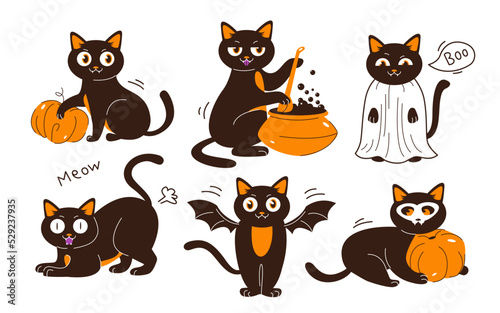 Halloween cats. Black cats with a pumpkin, in costumes and with a potion. Flat vector illustration