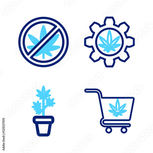 Set line Shopping cart with marijuana, Marijuana plant pot, Test tube and Stop icon. Vector