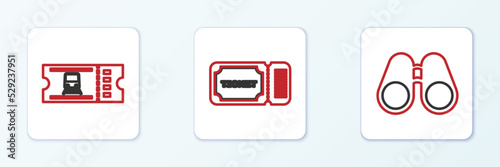 Set line Binoculars, Train ticket and Ticket icon. Vector