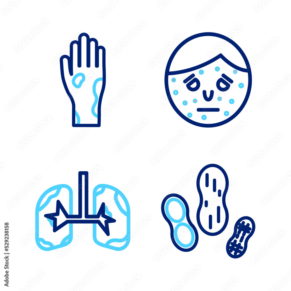 Fototapeta premium Set line Peanut, Lungs, Face with psoriasis or eczema and Hand icon. Vector
