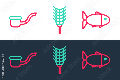 Set line Fish, Smoking pipe and Wheat icon. Vector