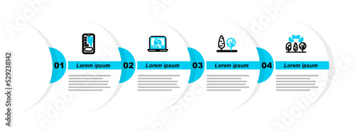 Set line Smart farm with drone, Trees, Laptop application for smart and control farming system icon. Vector